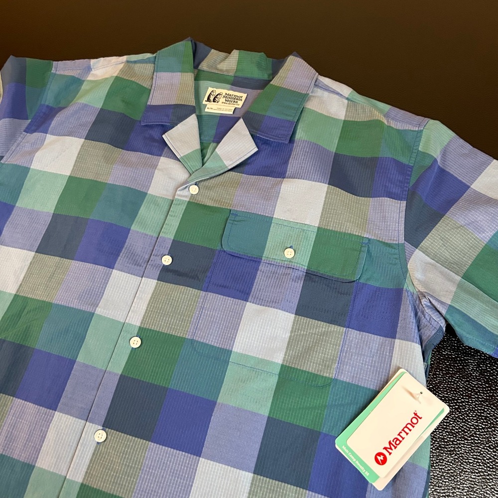 Marmot Muir Camp Plaid Shirt Short Sleeve Button Up Blue Green Mens Extra Large